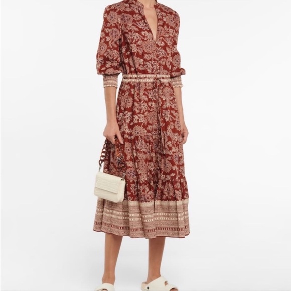 New Veronica Beard Swedie Red rust Floral Cotton Border Print Midi Dress paisley - Picture 7 of 15